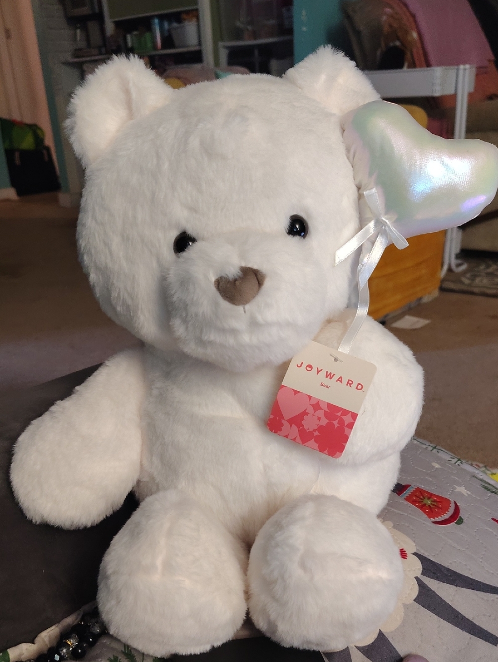 White Plush Teddy Bear with Iridescent Heart Balloon